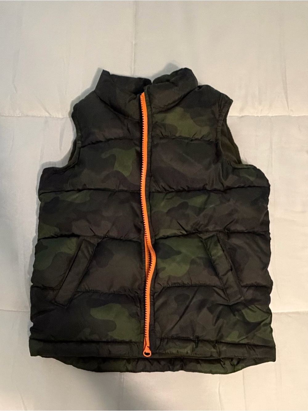 Old Navy Kids Camo Puffer Vest with Bright Orange Zipper